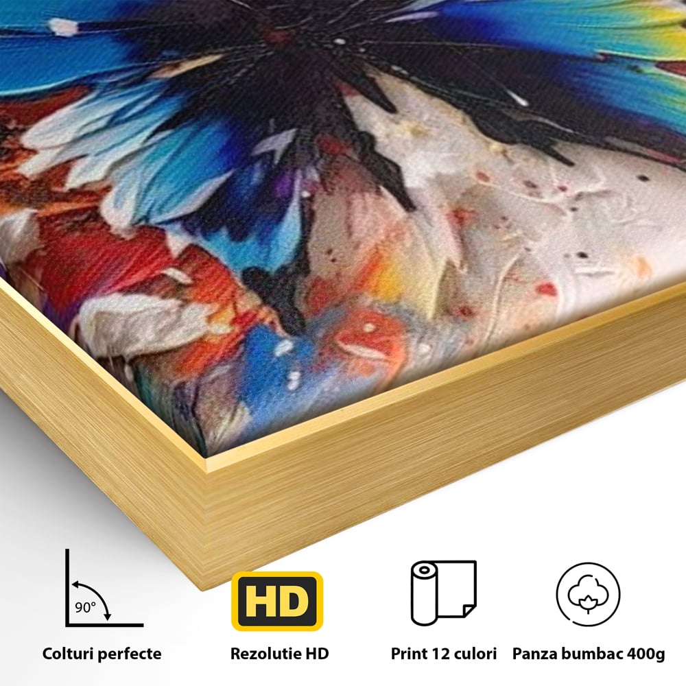 Detaliu al suprafetei: tablou canvas cu fluture albastru, in rama de aluminiu auriu